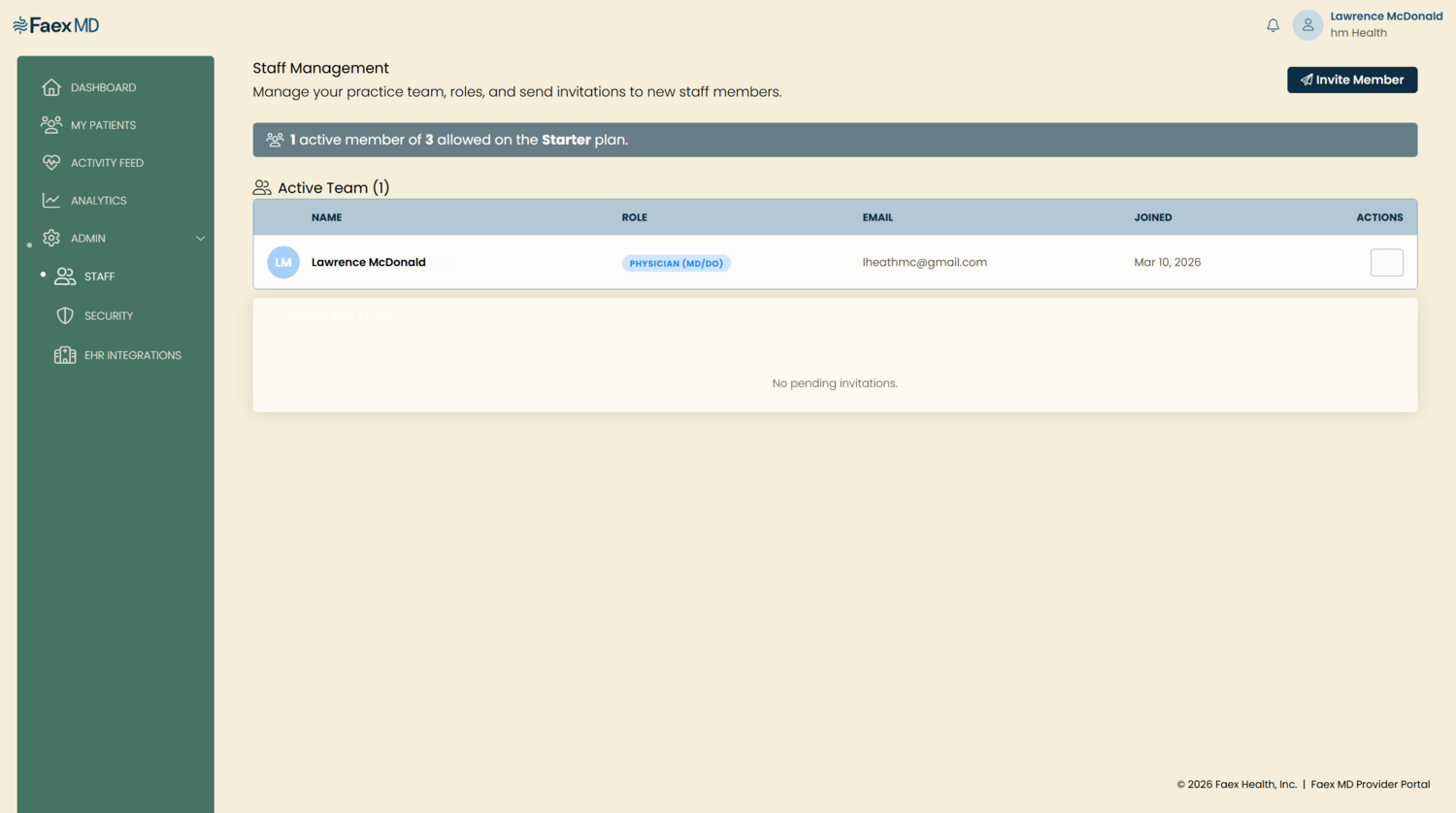 Faex MD care team and access view showing consent-based, role-based visibility controls