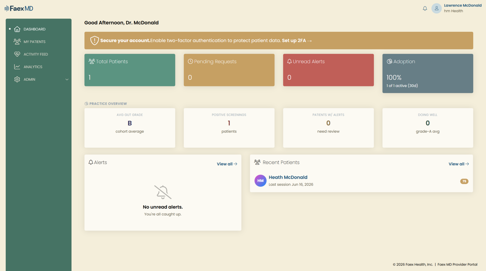 Faex MD clinician dashboard showing patient overview, longitudinal gut health trend, and session history